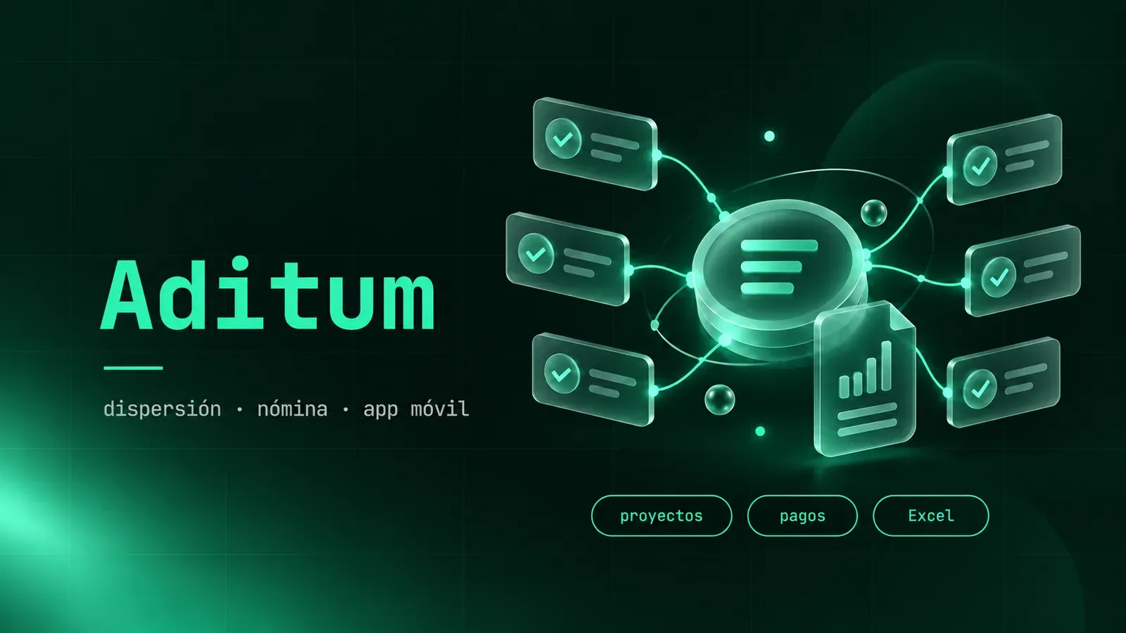 Portada de Aditum: un nodo central que reparte pagos a seis cuentas verificadas, en vidrio menta sobre fondo oscuro.
