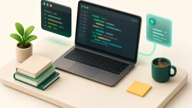 Escritorio de un principiante aprendiendo a programar en 2026: editor de código con Python, terminal y un asistente de IA en una ventana lateral