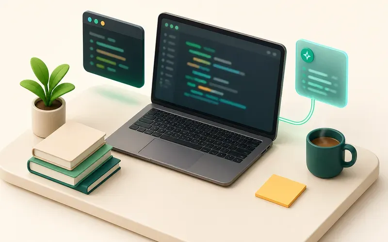 Escritorio de un principiante aprendiendo a programar en 2026: editor de código con Python, terminal y un asistente de IA en una ventana lateral