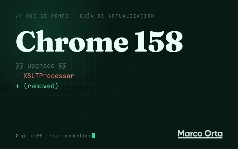 Portada tipográfica sobre una rejilla verde oscura: Chrome 158 en letras grandes y un diff de dos líneas que quita XSLTProcessor