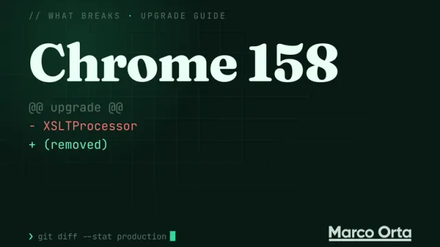 Typographic cover on a dark green grid: Chrome 158 in large serif letters and a two-line diff removing XSLTProcessor