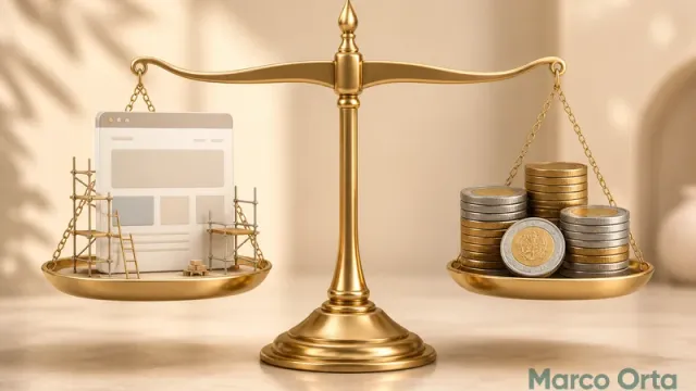 Ilustración de una página web en construcción sobre una balanza, con monedas de peso mexicano en el otro platillo