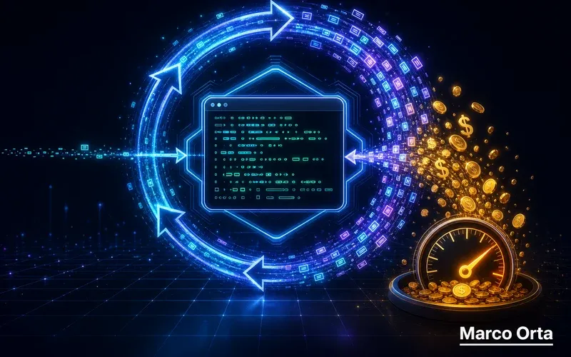 Terminal de código rodeada por un bucle de flechas que devuelven el contexto al modelo, con monedas cayendo hacia un medidor de coste