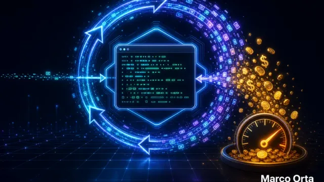 Terminal de código rodeada por un bucle de flechas que devuelven el contexto al modelo, con monedas cayendo hacia un medidor de coste