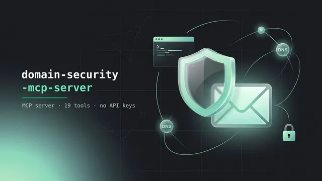 Portada del servidor domain-security-mcp-server con un escudo, un sobre de correo y nodos de red sobre fondo oscuro.