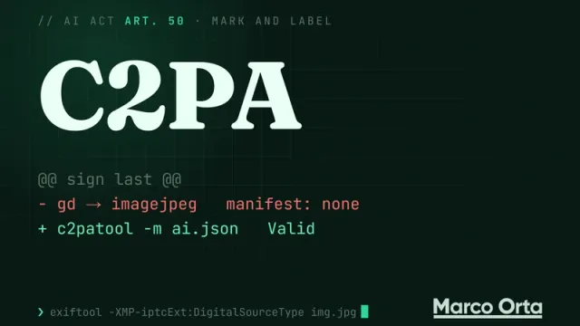 Typographic cover: C2PA above a diff, in red gd → imagejpeg with no manifest and in green c2patool -m ai.json with a valid signature
