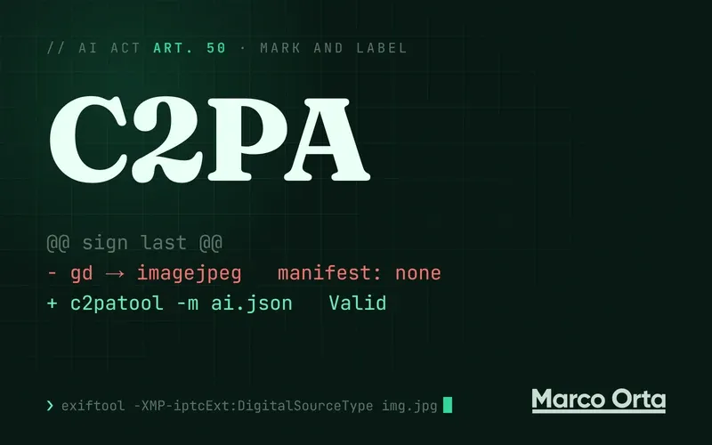 Typographic cover: C2PA above a diff, in red gd → imagejpeg with no manifest and in green c2patool -m ai.json with a valid signature