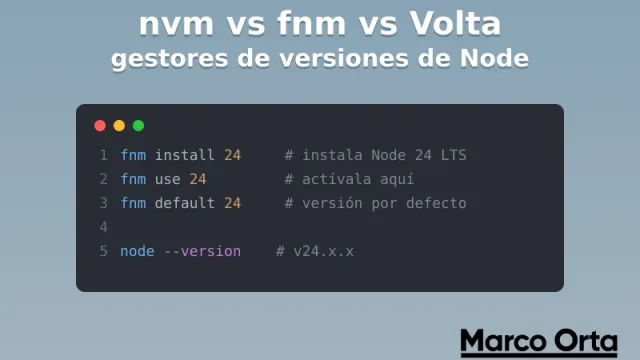 Terminal mostrando comandos de fnm para cambiar entre versiones de Node.js