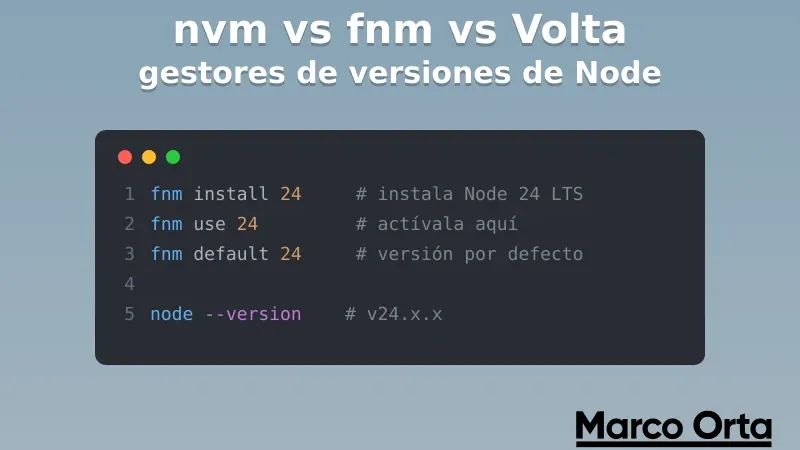 Terminal mostrando comandos de fnm para cambiar entre versiones de Node.js