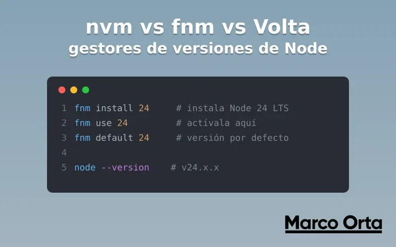 Terminal mostrando comandos de fnm para cambiar entre versiones de Node.js