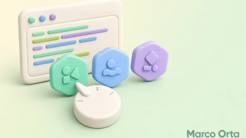 Ilustración 3D de tres insignias hexagonales y un selector giratorio frente a una terminal: cambiar entre versiones de Node.js