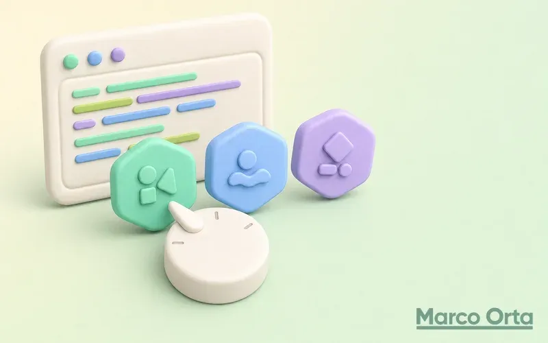 3D illustration of three hexagonal badges and a rotary selector in front of a terminal: switching between Node.js versions