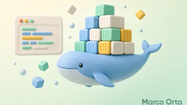 Ilustración 3D de una ballena transportando contenedores apilados junto a una ventana de terminal: guía completa de Docker en 2026