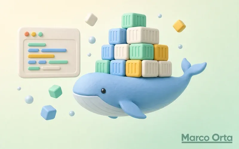 3D illustration of a whale carrying stacked containers next to a terminal window: the complete Docker guide for 2026