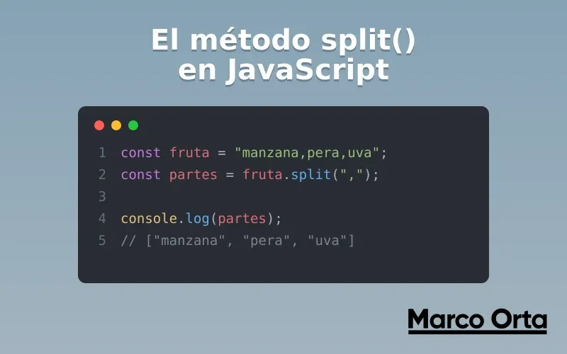 Código JavaScript dividiendo una cadena de texto en un array con el método split