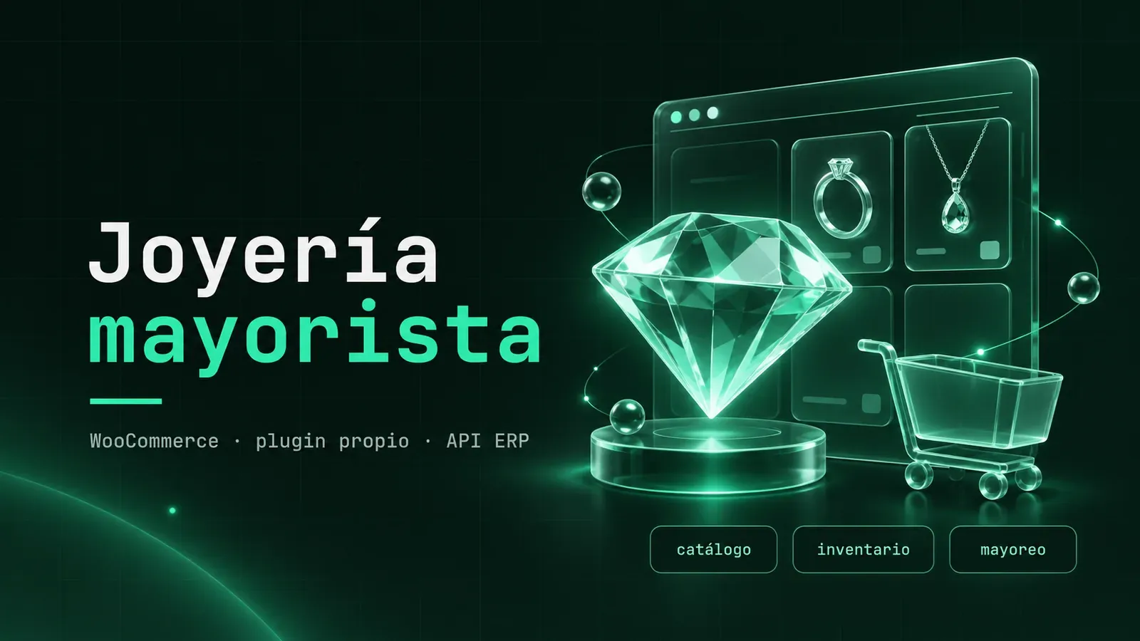 Portada del proyecto de joyería mayorista: diamante en pedestal, catálogo con anillo y dije y carrito de compra en vidrio menta sobre fondo oscuro.
