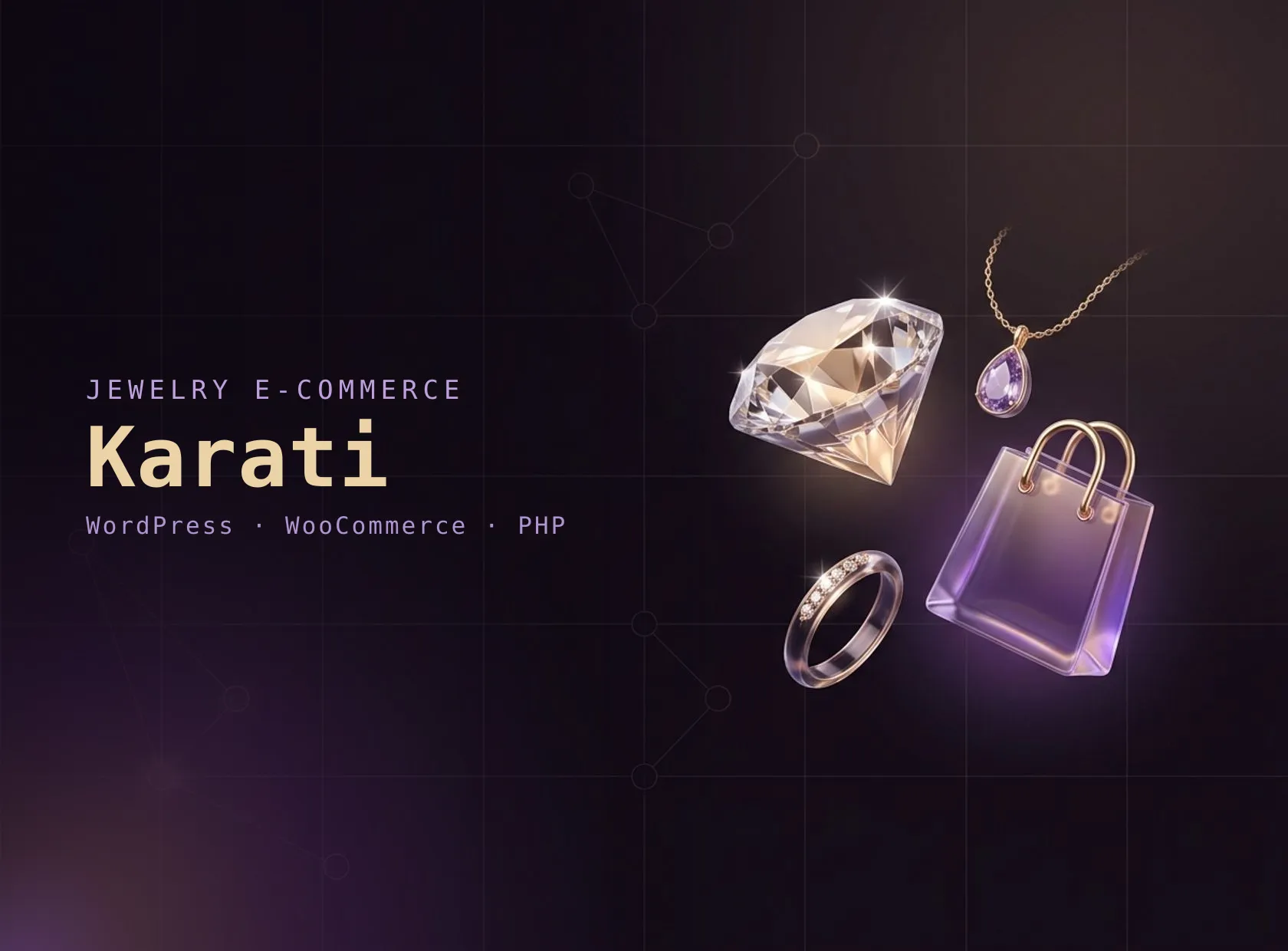 Portada de marca del proyecto Karati con iconos de joyería (diamante, dije, bolsa de compra y anillo) en vidrio dorado y violeta sobre fondo oscuro.