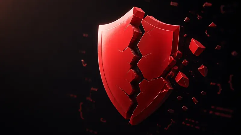 Ilustración de un escudo de seguridad rojo agrietándose sobre el fondo rojo característico de Laravel, con fragmentos de código cayendo