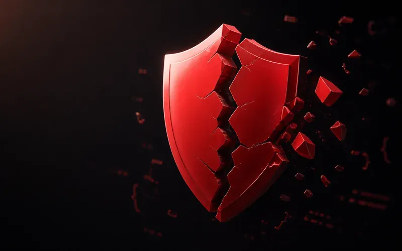 Ilustración de un escudo de seguridad rojo agrietándose sobre el fondo rojo característico de Laravel, con fragmentos de código cayendo