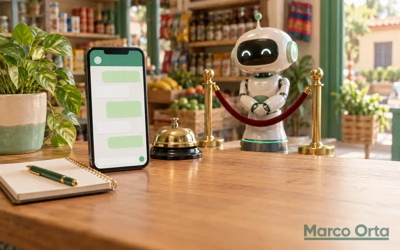 A phone showing a chat conversation on the counter of a small shop, next to a bell and an order notebook, while a small generic robot waits behind a velvet rope