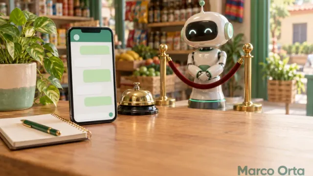 Un teléfono con una conversación de chat sobre el mostrador de una tiendita, junto a una campana y una libreta de pedidos, mientras un pequeño robot genérico espera detrás de un cordón de terciopelo