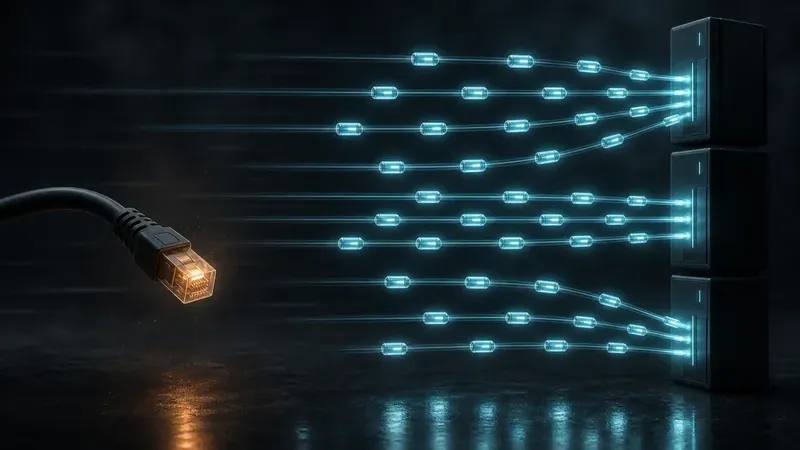Un cable de conexión persistente desconectándose mientras paquetes independientes de luz viajan en paralelo hacia varios servidores
