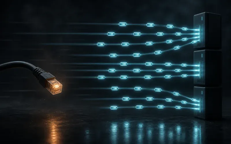 Un cable de conexión persistente desconectándose mientras paquetes independientes de luz viajan en paralelo hacia varios servidores