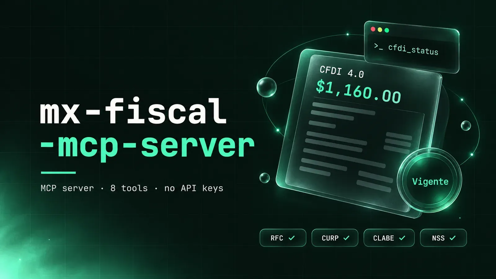 Portada de mx-fiscal-mcp-server: factura CFDI 4.0 por $1,160.00 con sello «Vigente», ventana cfdi_status y chips RFC, CURP, CLABE y NSS.