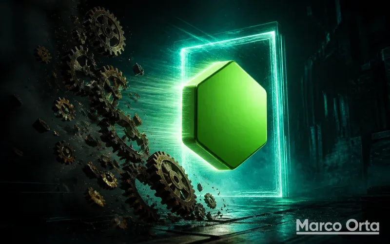 Ilustración de un hexágono de Node.js atravesando una puerta de versión con engranajes antiguos cayendo a un lado