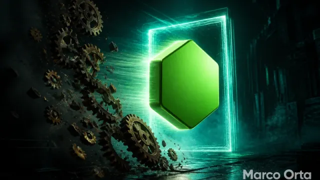 Ilustración de un hexágono de Node.js atravesando una puerta de versión con engranajes antiguos cayendo a un lado