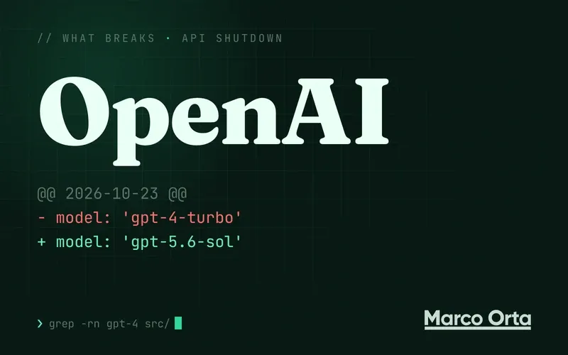 Typographic cover: the word OpenAI above a diff dated 2026-10-23, - model: 'gpt-4-turbo' in red and + model: 'gpt-5.6-sol' in green