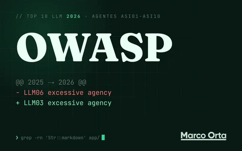 Portada tipográfica: la palabra OWASP sobre un diff 2025 → 2026, - LLM06 excessive agency en rojo y + LLM03 excessive agency en verde