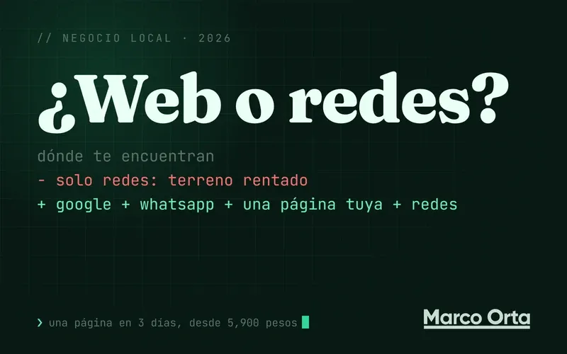 Portada tipográfica: «¿Web o redes?» en grande sobre un diff, en rojo «solo redes: terreno rentado» y en verde «Google + WhatsApp + una página tuya + redes»