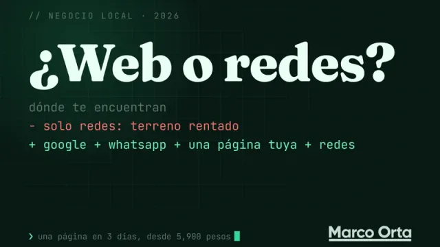 Portada tipográfica: «¿Web o redes?» en grande sobre un diff, en rojo «solo redes: terreno rentado» y en verde «Google + WhatsApp + una página tuya + redes»