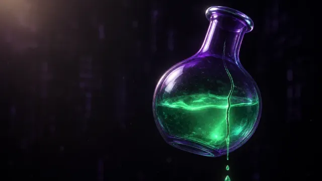 Render 3D de un matraz de laboratorio de vidrio violeta con líquido verde brillante, agrietado por un costado y goteando lentamente