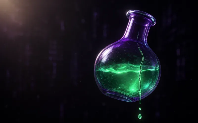 Render 3D de un matraz de laboratorio de vidrio violeta con líquido verde brillante, agrietado por un costado y goteando lentamente