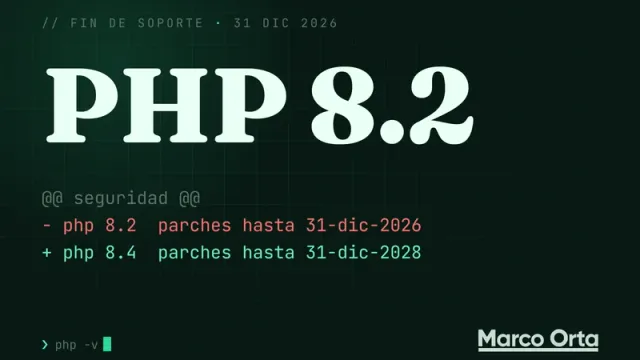 Portada tipográfica: «PHP 8.2» en grande sobre fondo de terminal, con un diff que cambia php 8.2 con parches hasta el 31 de diciembre de 2026 por php 8.4 con parches hasta el 31 de diciembre de 2028