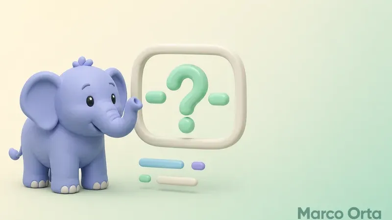 Ilustración 3D del elefante de PHP junto a un signo de interrogación flotando como marcador de posición dentro de una llamada a función