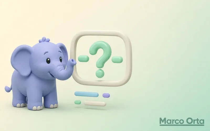 Ilustración 3D del elefante de PHP junto a un signo de interrogación flotando como marcador de posición dentro de una llamada a función