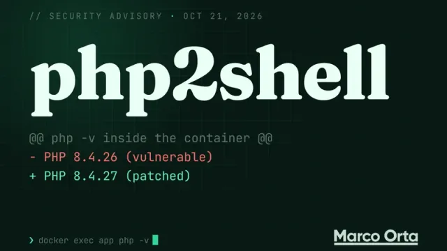 Typographic cover: «php2shell» in large type on a terminal background, with a diff from PHP 8.4.26 (vulnerable) to PHP 8.4.27 (patched) after running php -v inside the container