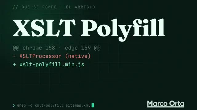 Portada tipográfica sobre una rejilla verde oscura: XSLT Polyfill en letras grandes y un diff que cambia el XSLTProcessor nativo por xslt-polyfill.min.js para Chrome 158 y Edge 159