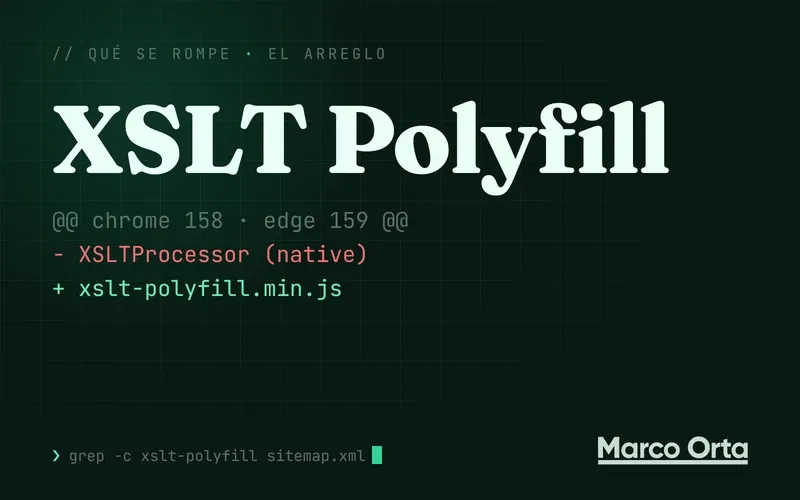 Portada tipográfica sobre una rejilla verde oscura: XSLT Polyfill en letras grandes y un diff que cambia el XSLTProcessor nativo por xslt-polyfill.min.js para Chrome 158 y Edge 159