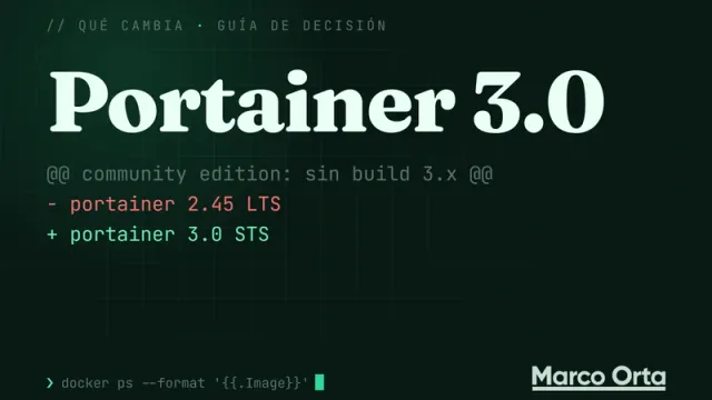 Portada tipográfica sobre fondo de terminal: «Portainer 3.0» y debajo un diff de dos líneas, «- portainer 2.45 LTS» en rojo y «+ portainer 3.0 STS» en verde, bajo la nota «community edition: sin build 3.x»