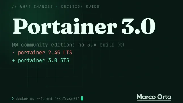Typographic cover on a terminal background: "Portainer 3.0" above a two-line diff, "- portainer 2.45 LTS" in red and "+ portainer 3.0 STS" in green, under the note "community edition: no 3.x build"