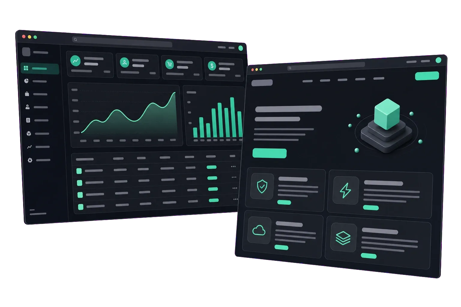 Two modern web application interfaces with a dark design and mint-green accents. The first is an analytics dashboard with a line chart, a bar chart and a data table; the second is a SaaS product panel with a 3D isometric element and a grid of feature cards.
