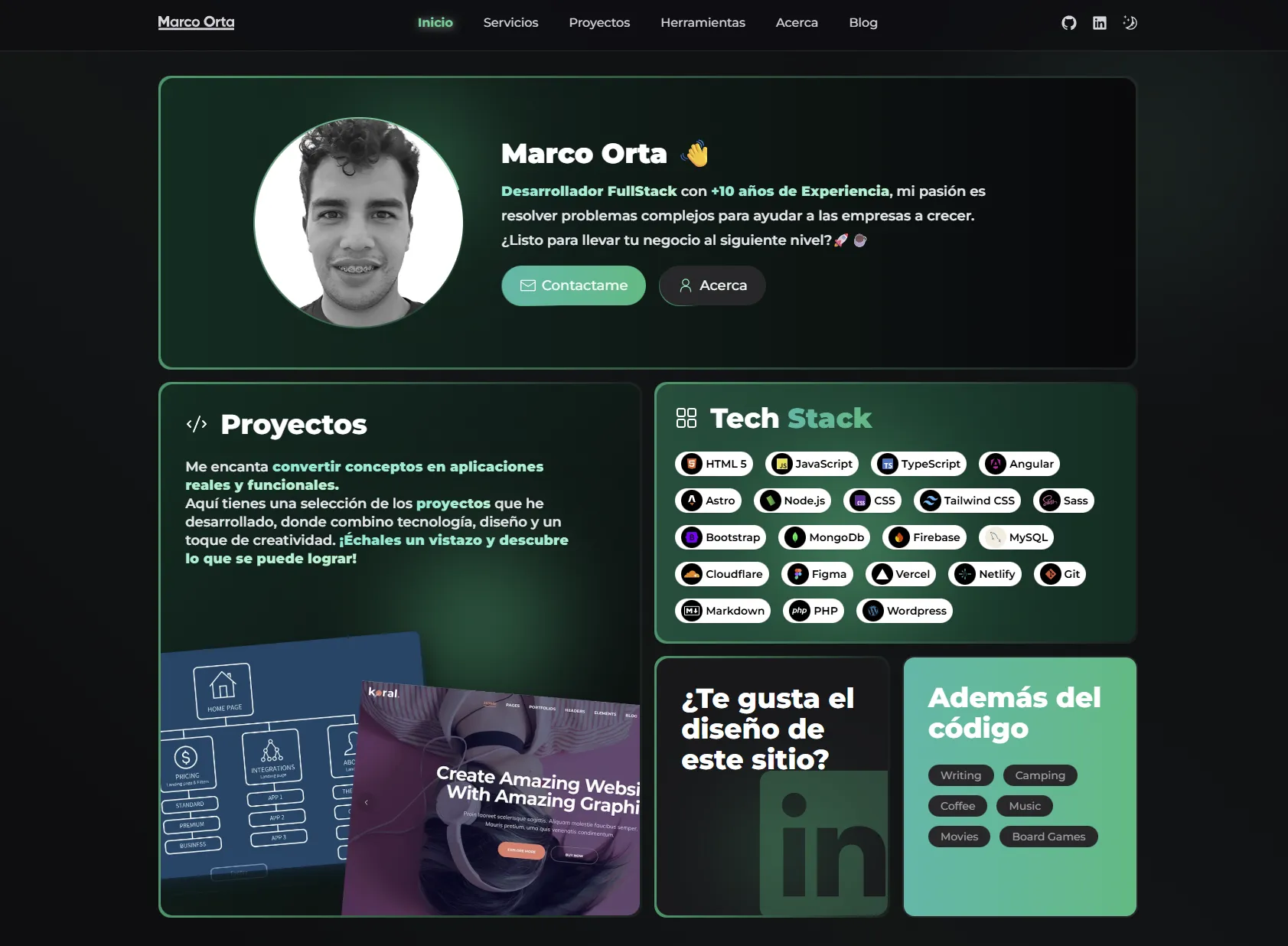 Captura de pantalla de la página de inicio del portafolio.