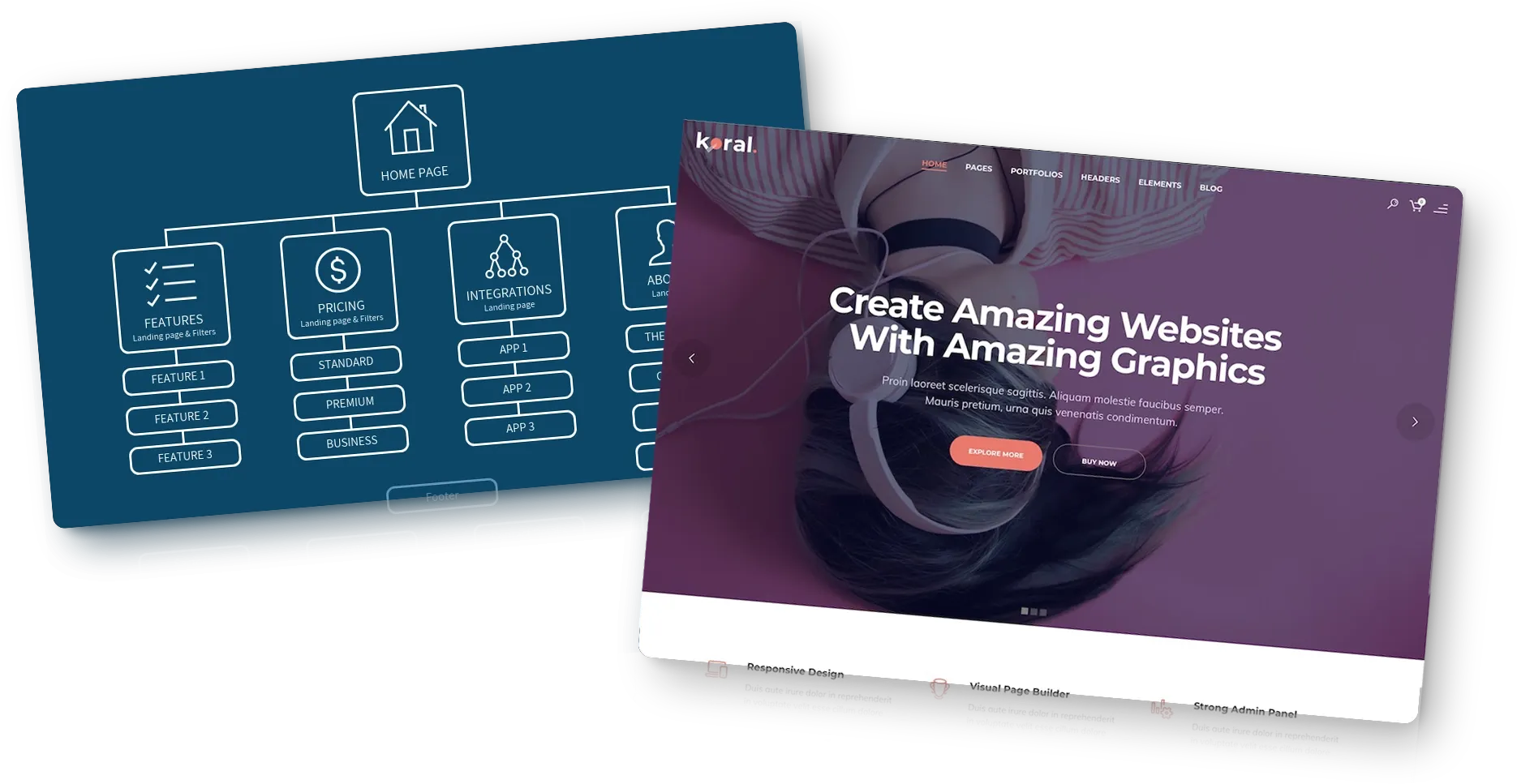 View of two website interfaces with modern and dark design. The first screen shows the title 'Behind the Code' with a rocket and dark background, explaining the origin of a community software project. The second screen presents a platform for finding speakers, with an attractive design, expert photos, and a prominent search button.