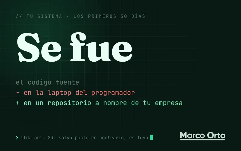 Portada tipográfica: «Se fue» en grande sobre un diff, en rojo «el código está en su laptop» y en verde «el código está en un repositorio a nombre de tu empresa»