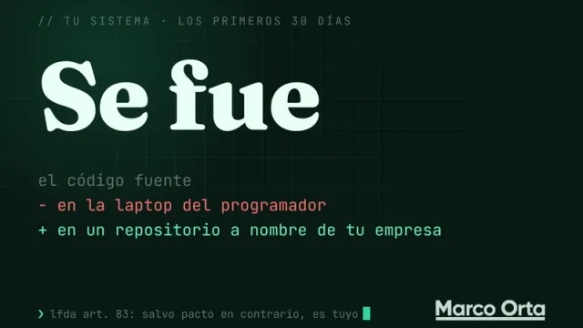 Portada tipográfica: «Se fue» en grande sobre un diff, en rojo «el código está en su laptop» y en verde «el código está en un repositorio a nombre de tu empresa»