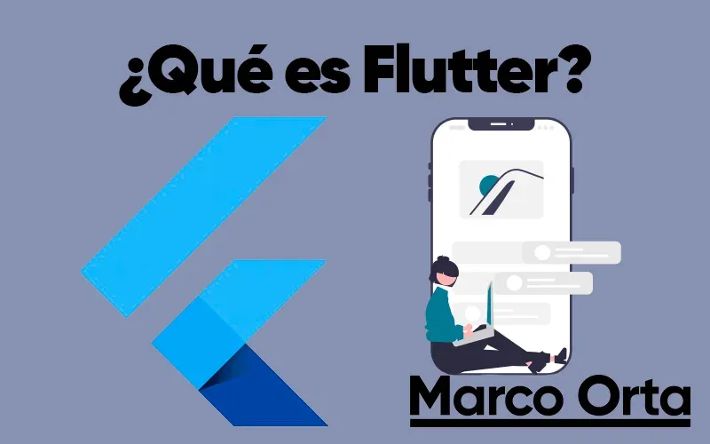Logo de Flutter sobre tres pantallas mostrando una misma app en iOS, Android y web